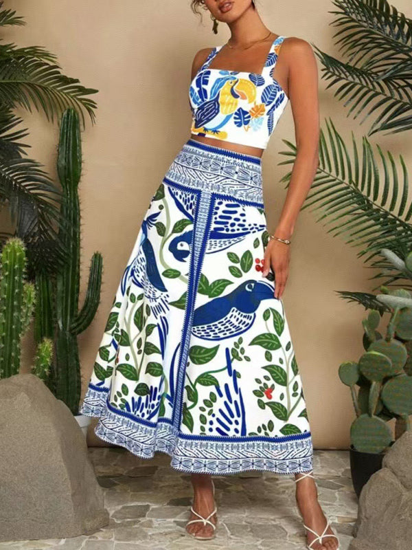 Women's Printed Fashion Sexy Suspender + Skirt Set-[Adult]-[Female]-Blue-S-2022 Online Blue Zone Planet