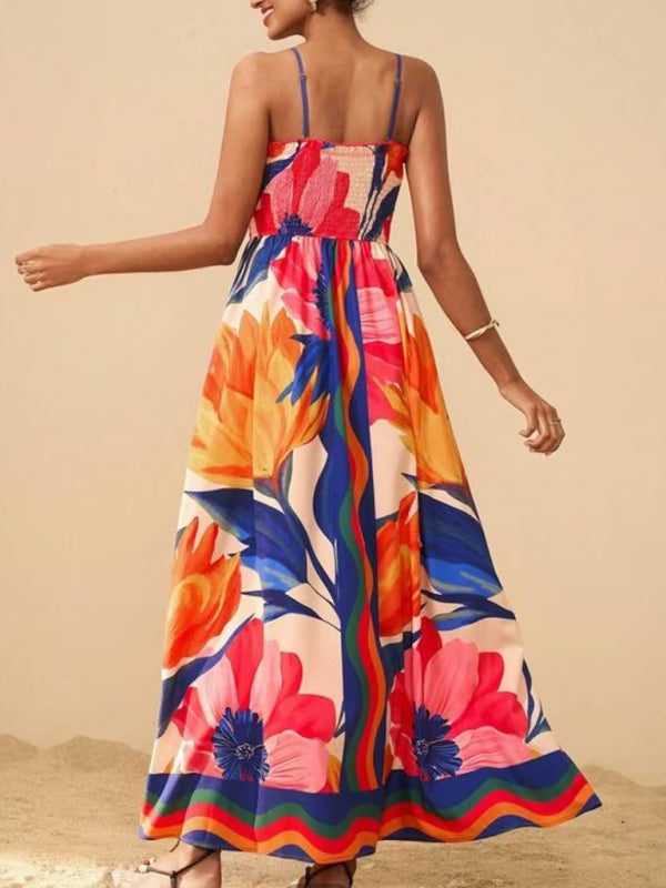 Floral print sleeveless waisted resort dress-TOPS / DRESSES-[Adult]-[Female]-2022 Online Blue Zone Planet