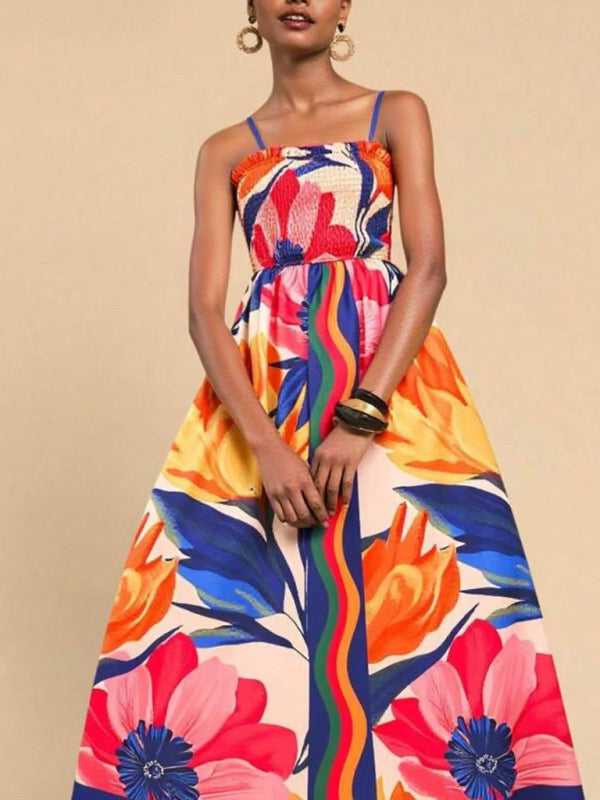 Floral print sleeveless waisted resort dress-TOPS / DRESSES-[Adult]-[Female]-2022 Online Blue Zone Planet