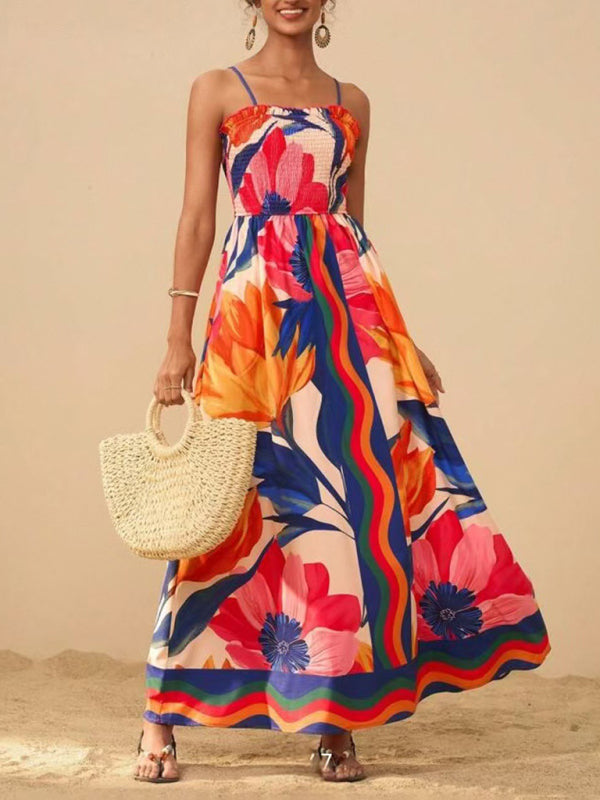 Floral print sleeveless waisted resort dress-TOPS / DRESSES-[Adult]-[Female]-Red-S-2022 Online Blue Zone Planet