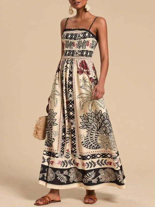 Floral print sleeveless waisted resort dress-TOPS / DRESSES-[Adult]-[Female]-White-S-2022 Online Blue Zone Planet