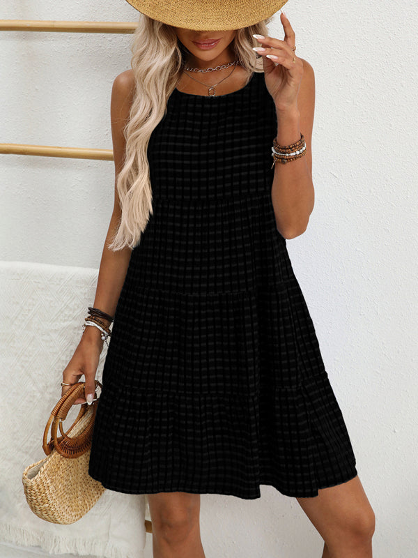 Women's Loose Casual Sleeveless Plaid Dress-TOPS / DRESSES-[Adult]-[Female]-Black-S-2022 Online Blue Zone Planet