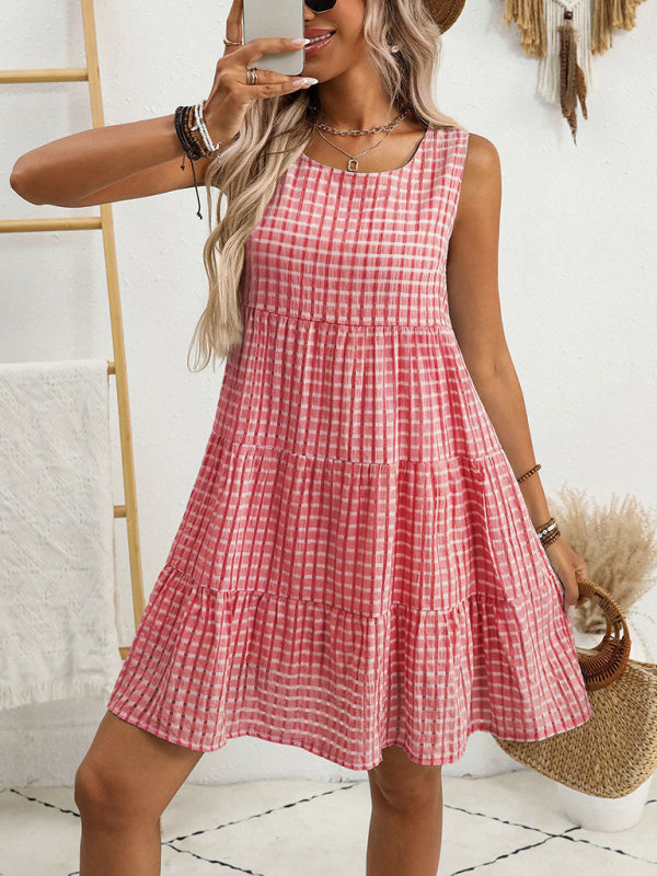 Women's Loose Casual Sleeveless Plaid Dress-TOPS / DRESSES-[Adult]-[Female]-2022 Online Blue Zone Planet