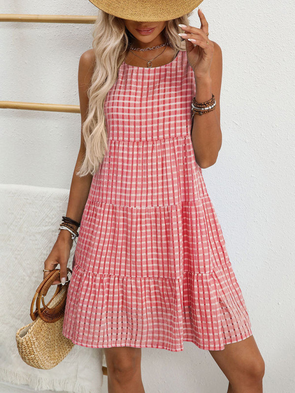 Women's Loose Casual Sleeveless Plaid Dress-TOPS / DRESSES-[Adult]-[Female]-Red-S-2022 Online Blue Zone Planet