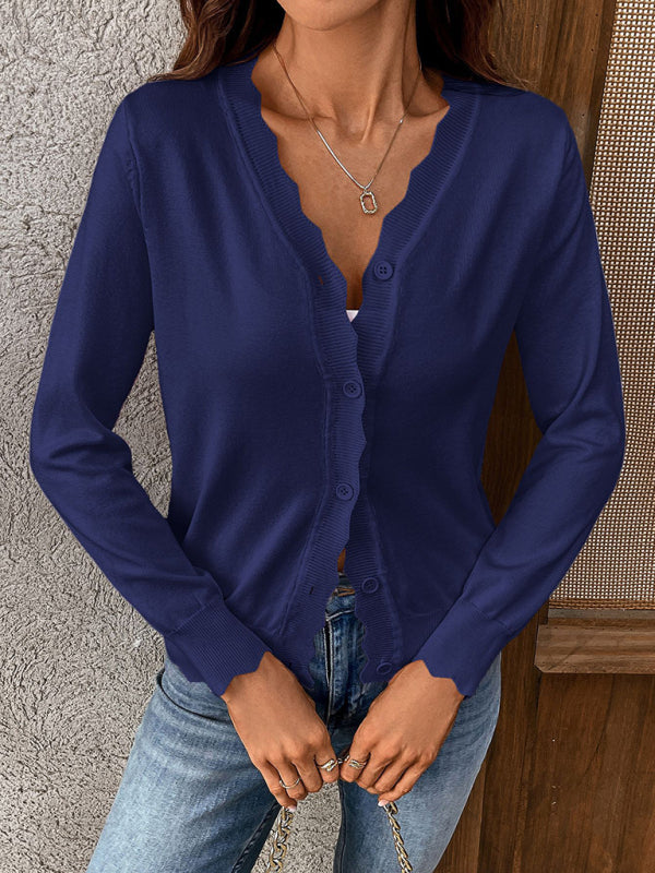 New V-neck long-sleeved knitted cardigan solid color jacket-[Adult]-[Female]-2022 Online Blue Zone Planet