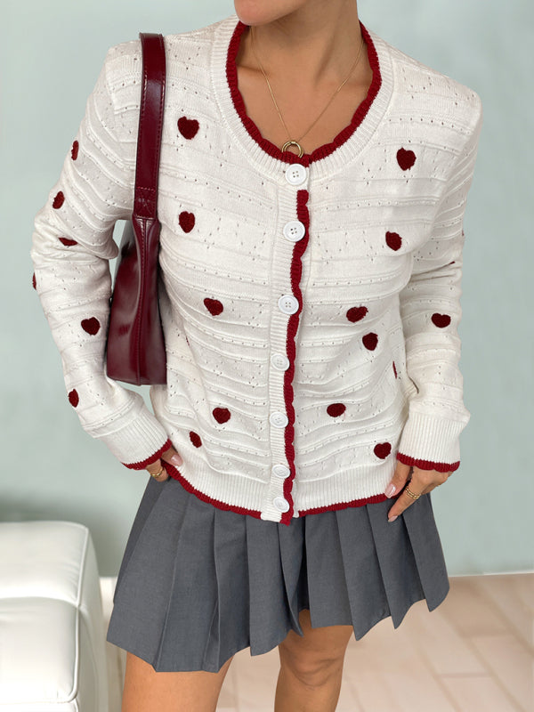 Heart Jacquard Sweater Contrast Color Cardigan Knitted Jacket-[Adult]-[Female]-White-XS-2022 Online Blue Zone Planet