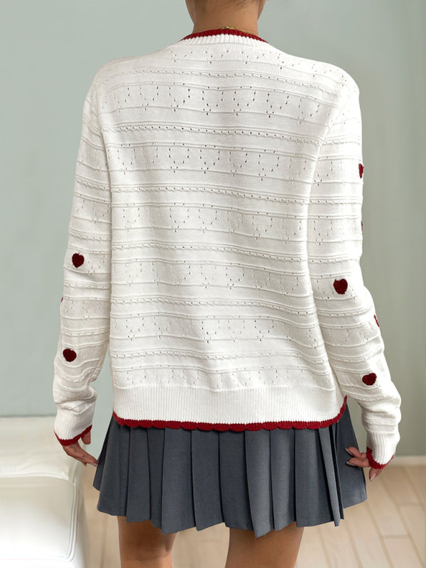 Heart Jacquard Sweater Contrast Color Cardigan Knitted Jacket-[Adult]-[Female]-2022 Online Blue Zone Planet