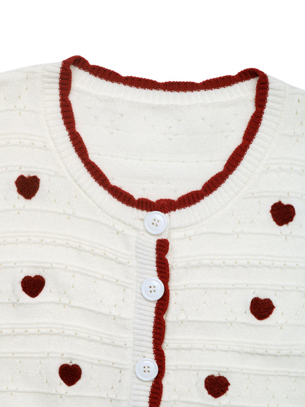 Heart Jacquard Sweater Contrast Color Cardigan Knitted Jacket-[Adult]-[Female]-2022 Online Blue Zone Planet