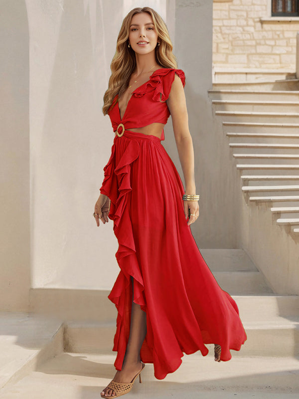 Sexy Slim Backless Dress Bohemian Holiday V-Neck Ruffle Slit Maxi Dress-[Adult]-[Female]-2022 Online Blue Zone Planet