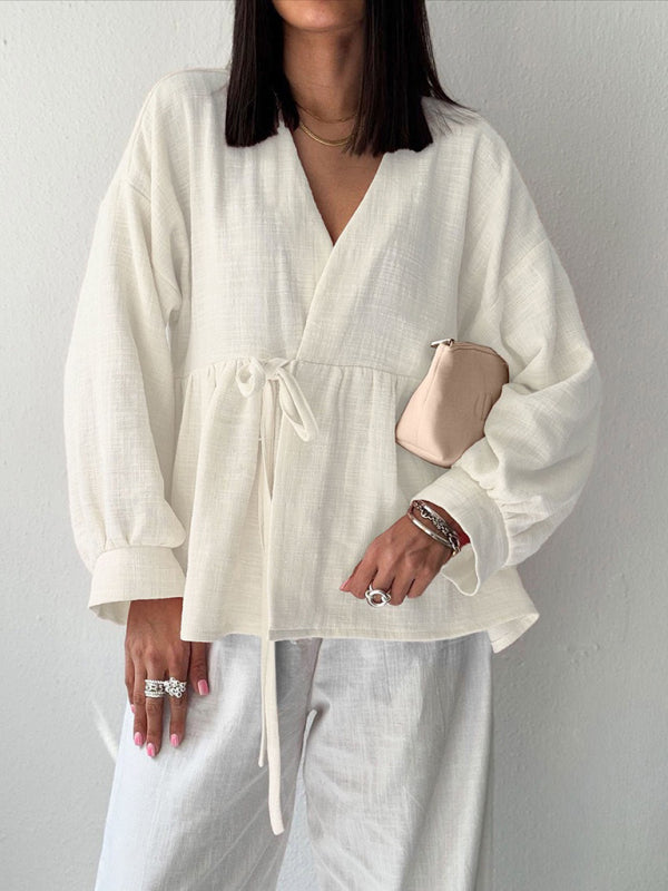 Solid Color V-Neck Comfortable Soft Shirt-[Adult]-[Female]-Cream-S-2022 Online Blue Zone Planet