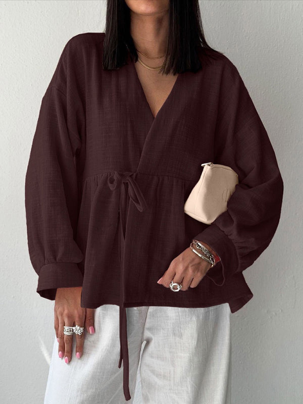 Solid Color V-Neck Comfortable Soft Shirt-[Adult]-[Female]-Coffee-S-2022 Online Blue Zone Planet