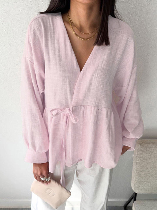 Solid Color V-Neck Comfortable Soft Shirt-[Adult]-[Female]-Pink-S-2022 Online Blue Zone Planet