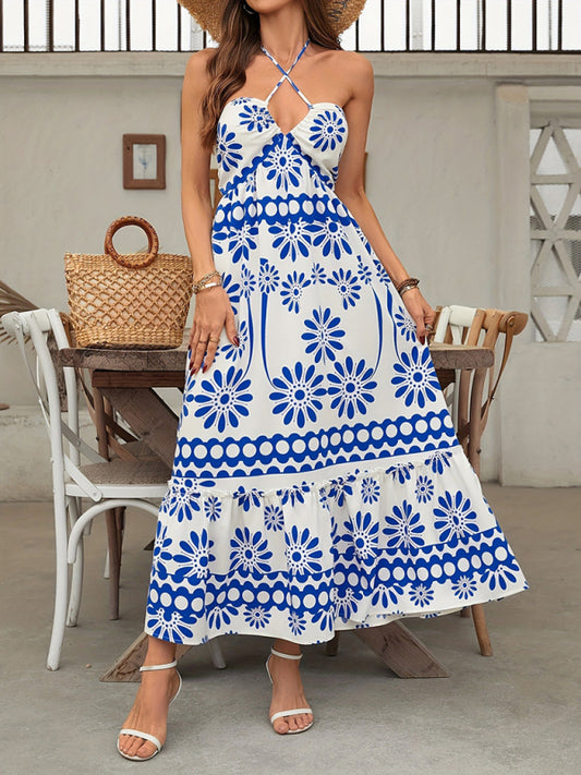 Off-the-shoulder suspender beach dress printed holiday casual halter neck cross dress-TOPS / DRESSES-[Adult]-[Female]-Blue-S-2022 Online Blue Zone Planet