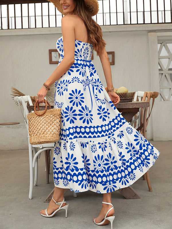 Off-the-shoulder suspender beach dress printed holiday casual halter neck cross dress-TOPS / DRESSES-[Adult]-[Female]-2022 Online Blue Zone Planet