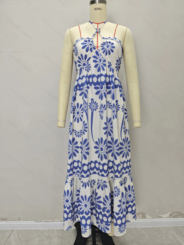 Off-the-shoulder suspender beach dress printed holiday casual halter neck cross dress-TOPS / DRESSES-[Adult]-[Female]-2022 Online Blue Zone Planet