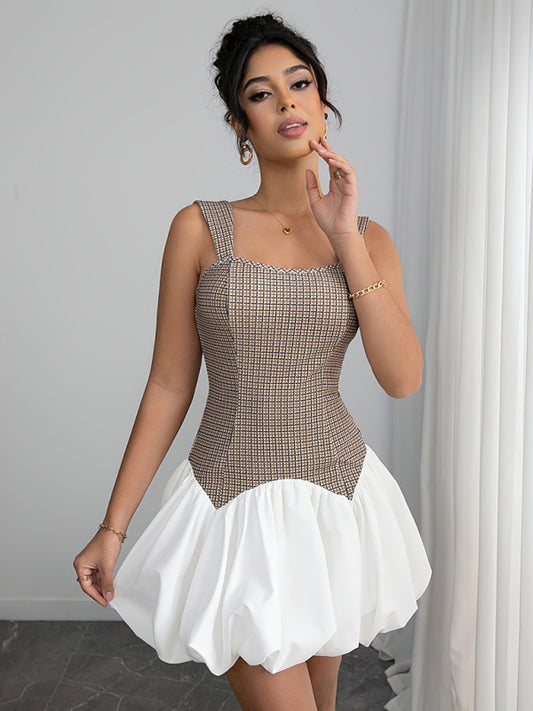 Houndstooth stretch slim short jumper dress-TOPS / DRESSES-[Adult]-[Female]-Khaki-S-2022 Online Blue Zone Planet