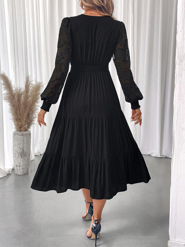 V-neck waist lace long-sleeved solid color dress-TOPS / DRESSES-[Adult]-[Female]-2022 Online Blue Zone Planet