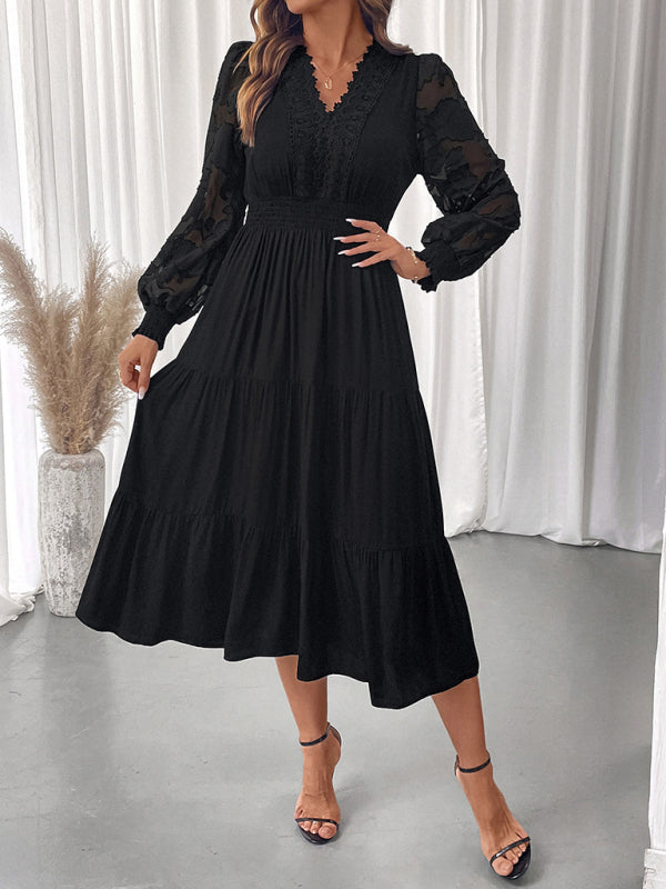 V-neck waist lace long-sleeved solid color dress-TOPS / DRESSES-[Adult]-[Female]-Black-S-2022 Online Blue Zone Planet