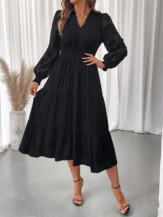 V-neck waist lace long-sleeved solid color dress-TOPS / DRESSES-[Adult]-[Female]-Black-S-2022 Online Blue Zone Planet