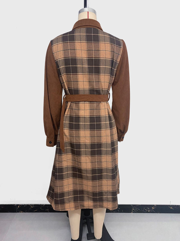 Casual retro shirt collar plaid patchwork dress-TOPS / DRESSES-[Adult]-[Female]-2022 Online Blue Zone Planet