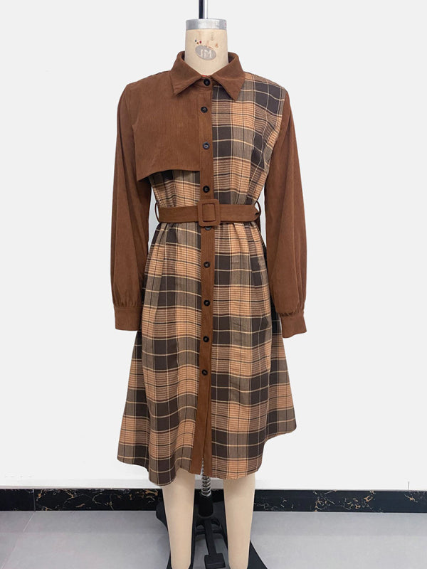 Casual retro shirt collar plaid patchwork dress-TOPS / DRESSES-[Adult]-[Female]-2022 Online Blue Zone Planet