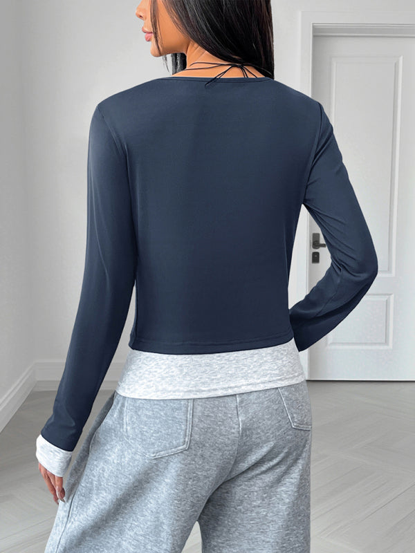 Casual round neck slim fit colorblock fake two-piece long-sleeved top-[Adult]-[Female]-2022 Online Blue Zone Planet