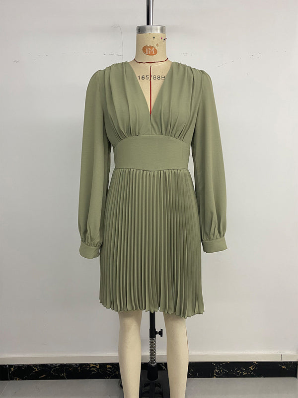 Retro style V-neck long-sleeved solid color pleated dress-TOPS / DRESSES-[Adult]-[Female]-2022 Online Blue Zone Planet