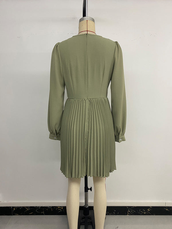 Retro style V-neck long-sleeved solid color pleated dress-TOPS / DRESSES-[Adult]-[Female]-2022 Online Blue Zone Planet