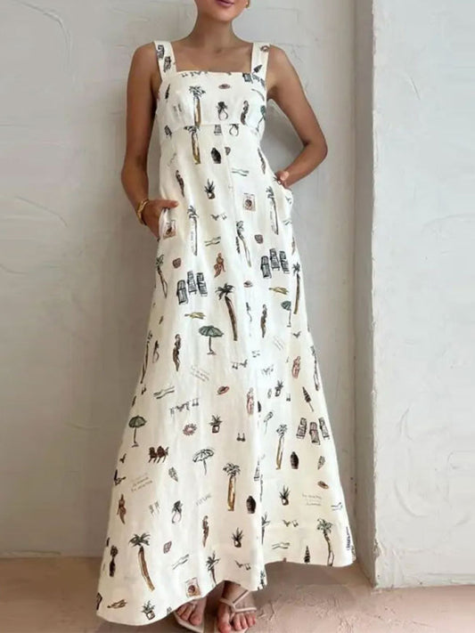 Women's Sleeveless Lace-up Suspender Sexy Print Dress-TOPS / DRESSES-[Adult]-[Female]-White-S-2022 Online Blue Zone Planet