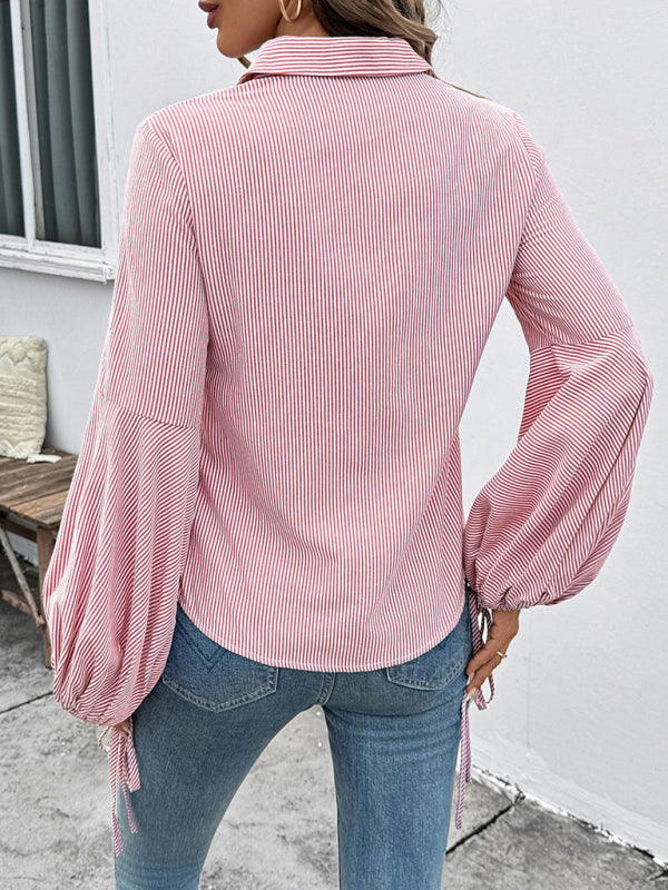 Striped patchwork lantern sleeve shirt-[Adult]-[Female]-2022 Online Blue Zone Planet