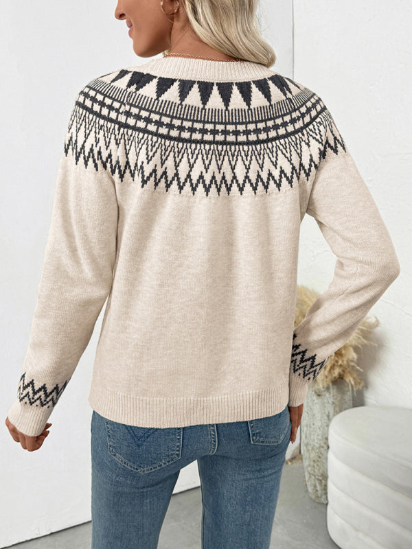 Ethnic style round neck pullover sweater Fair Isle vintage knitted sweater-TOPS / DRESSES-[Adult]-[Female]-2022 Online Blue Zone Planet