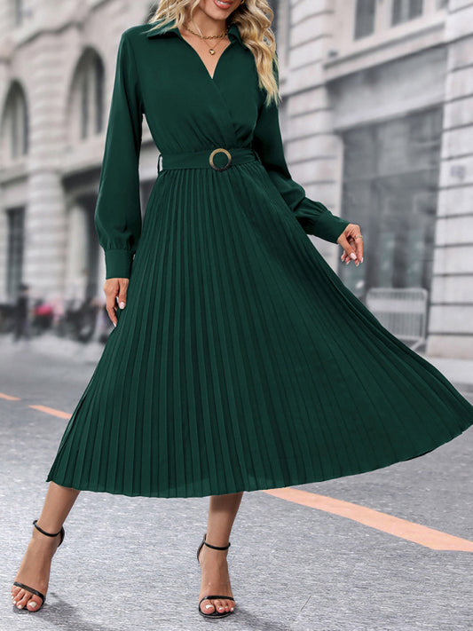 Fashionable and simple solid color lapel dress-TOPS / DRESSES-[Adult]-[Female]-Green black jasper-S-2022 Online Blue Zone Planet