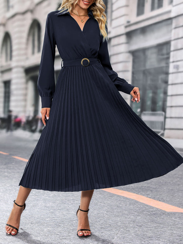 Fashionable and simple solid color lapel dress-TOPS / DRESSES-[Adult]-[Female]-Champlain color-S-2022 Online Blue Zone Planet