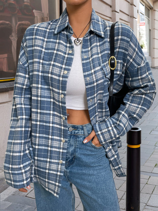 Classic plaid thin shirt jacket women's loose casual versatile cardigan shirt-[Adult]-[Female]-Blue-S-2022 Online Blue Zone Planet