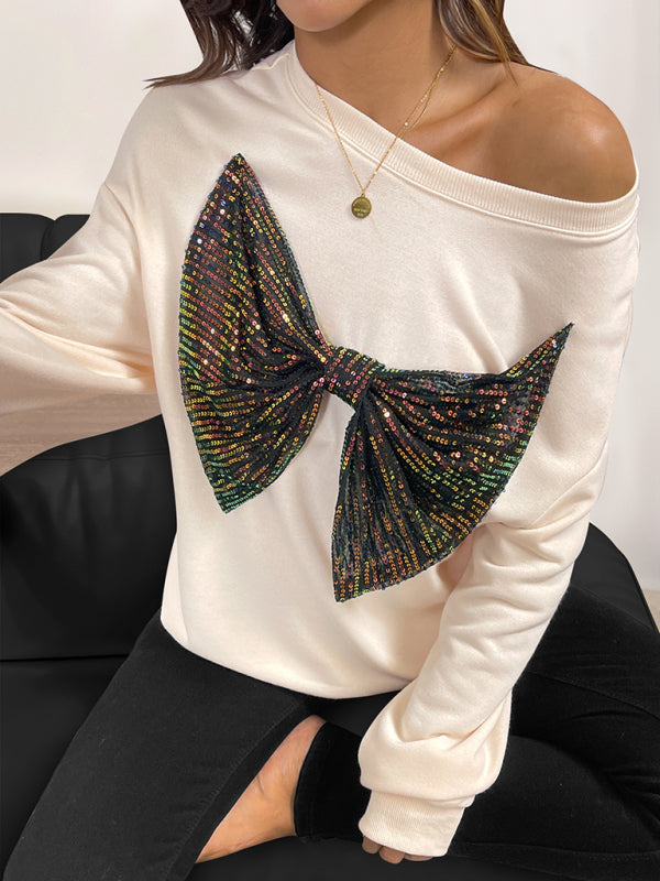 Sequined Bow Crew Neck Pullover Sweatshirt-[Adult]-[Female]-2022 Online Blue Zone Planet