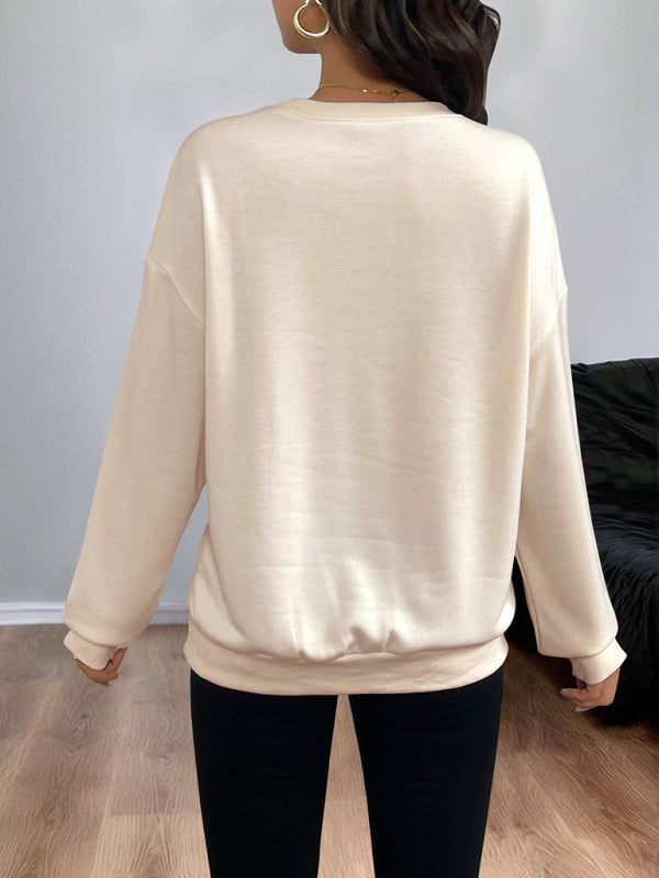 Sequined Bow Crew Neck Pullover Sweatshirt-[Adult]-[Female]-2022 Online Blue Zone Planet