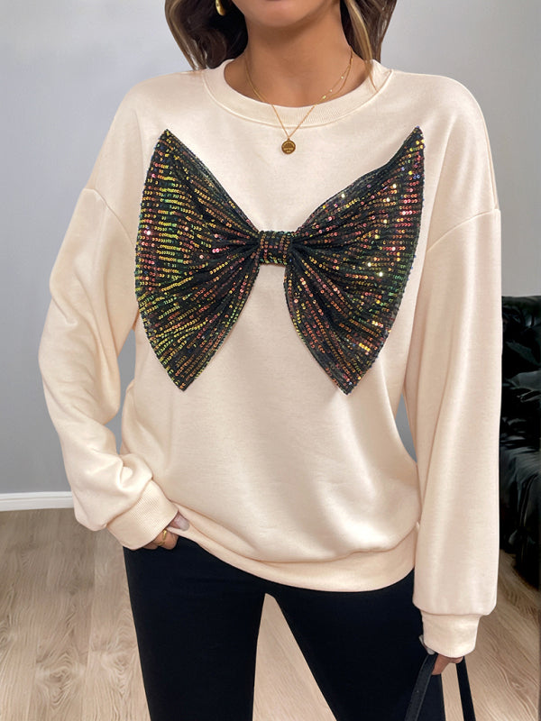 Sequined Bow Crew Neck Pullover Sweatshirt-[Adult]-[Female]-2022 Online Blue Zone Planet