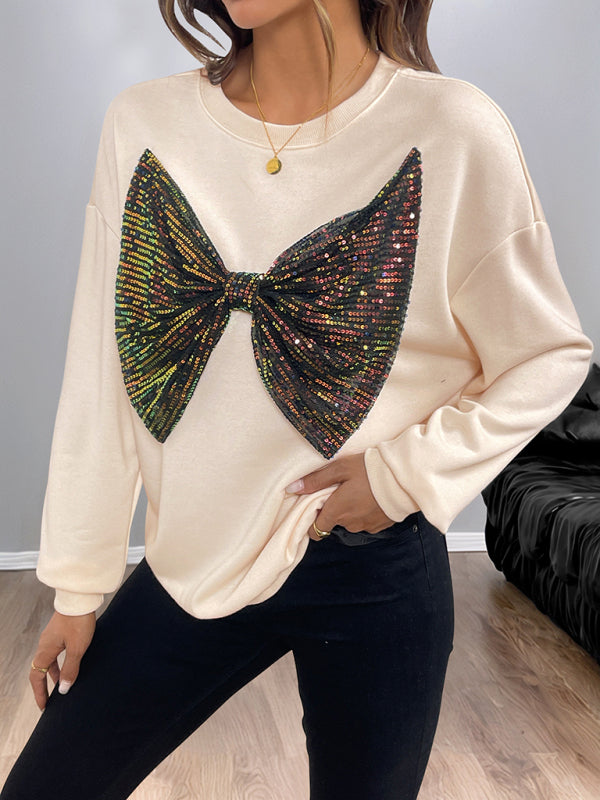 Sequined Bow Crew Neck Pullover Sweatshirt-[Adult]-[Female]-Cracker khaki-S-2022 Online Blue Zone Planet
