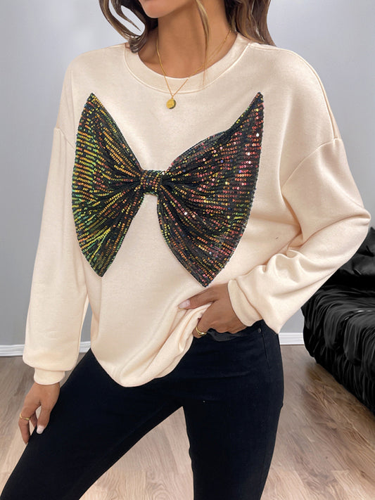 Sequined Bow Crew Neck Pullover Sweatshirt-[Adult]-[Female]-Cracker khaki-S-2022 Online Blue Zone Planet