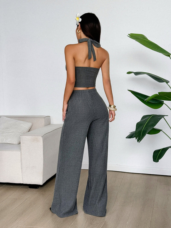 Sexy hot girl halterneck vest solid color straight pants set-[Adult]-[Female]-2022 Online Blue Zone Planet