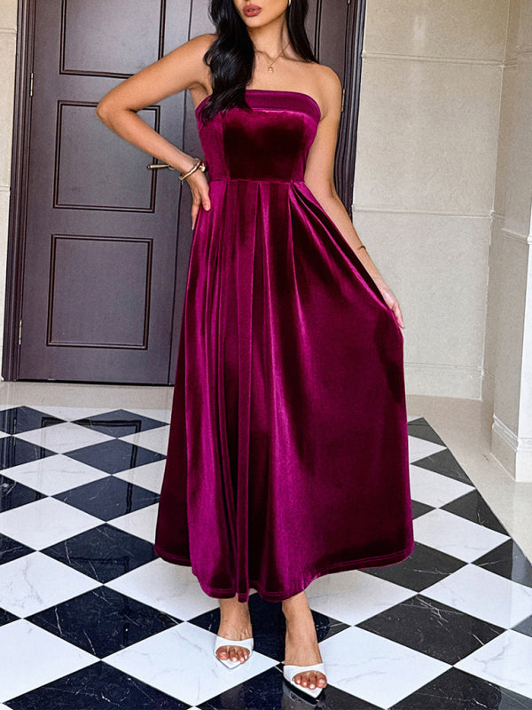 Strapless solid color long dress-TOPS / DRESSES-[Adult]-[Female]-Wine Red-S-2022 Online Blue Zone Planet