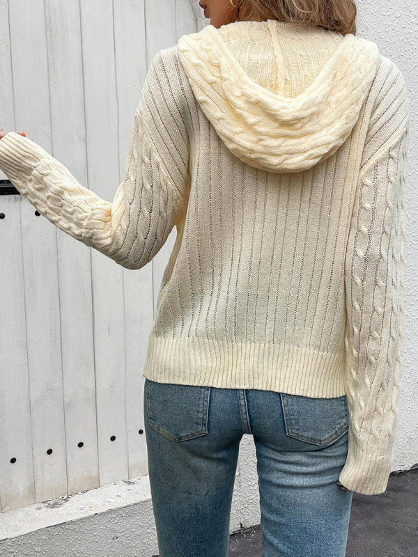 Hooded Cable Knit Solid Color Cardigan Sweater-TOPS / DRESSES-[Adult]-[Female]-2022 Online Blue Zone Planet
