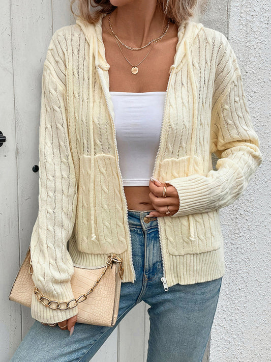 Hooded Cable Knit Solid Color Cardigan Sweater-[Adult]-[Female]-Cracker khaki-S-2022 Online Blue Zone Planet