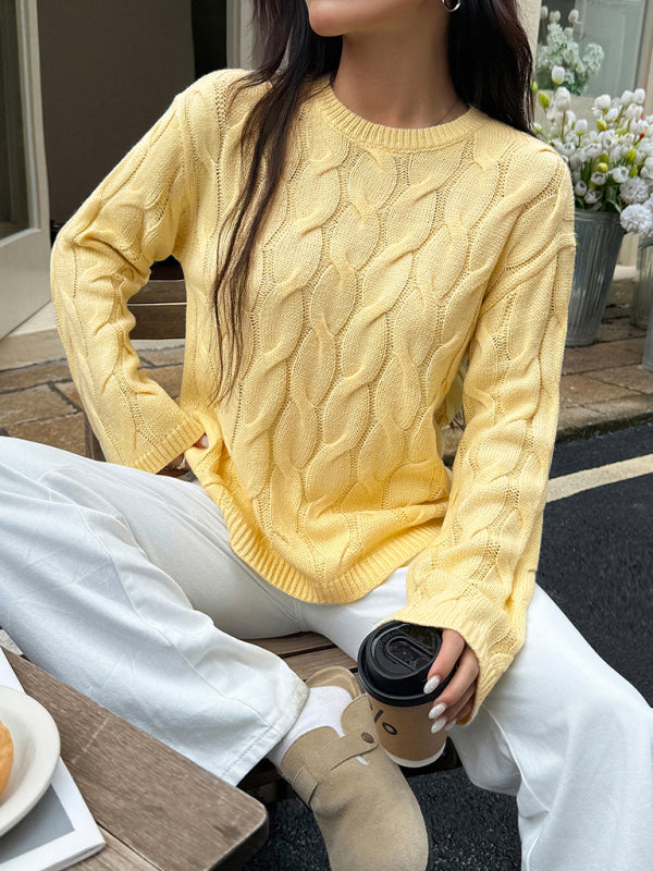 Casual simple long-sleeved solid color sweater-TOPS / DRESSES-[Adult]-[Female]-Yellow-S-2022 Online Blue Zone Planet