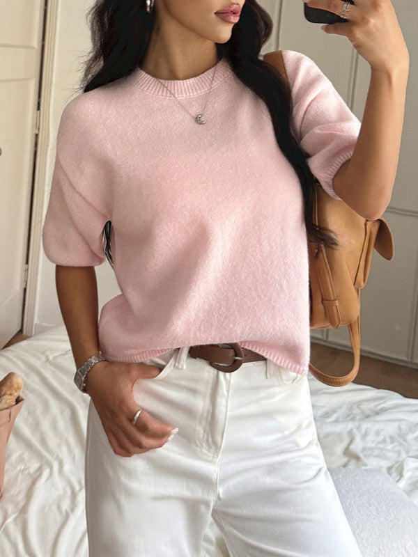 Casual vacation short-sleeved sweater-TOPS / DRESSES-[Adult]-[Female]-Pastel pink-S-2022 Online Blue Zone Planet