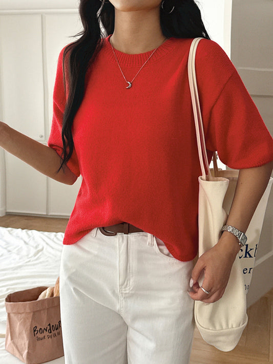 Casual vacation short-sleeved sweater-TOPS / DRESSES-[Adult]-[Female]-Red-S-2022 Online Blue Zone Planet