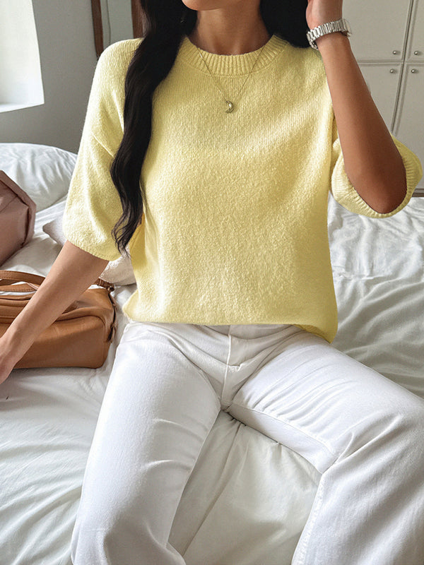 Casual vacation short-sleeved sweater-TOPS / DRESSES-[Adult]-[Female]-Yellow-S-2022 Online Blue Zone Planet