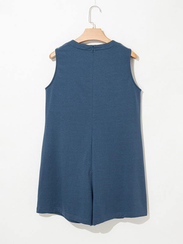 Casual sleeveless collar drawstring pleated jumpsuit-[Adult]-[Female]-2022 Online Blue Zone Planet