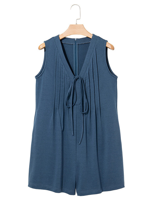 Casual sleeveless collar drawstring pleated jumpsuit-[Adult]-[Female]-2022 Online Blue Zone Planet