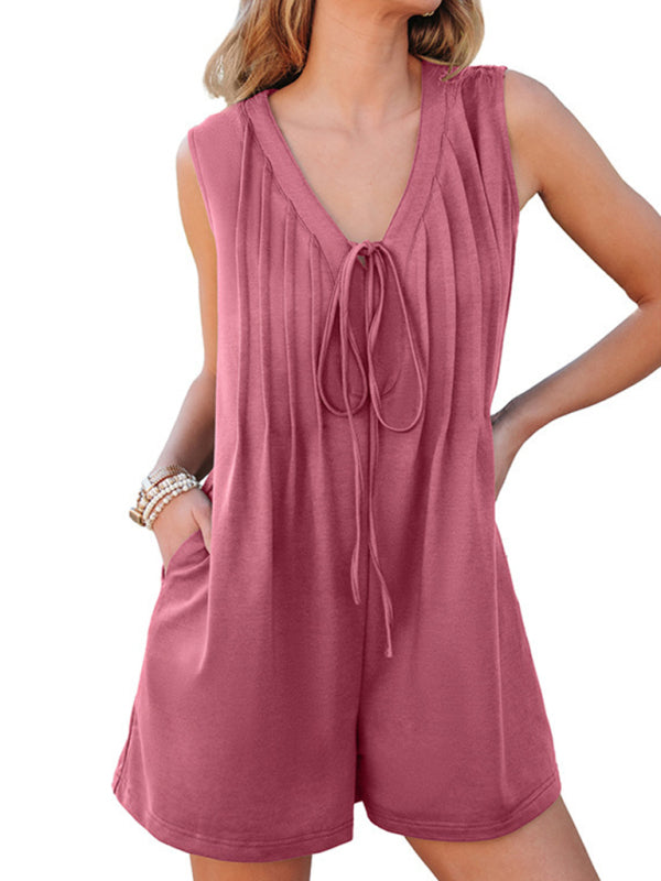 Casual sleeveless collar drawstring pleated jumpsuit-[Adult]-[Female]-2022 Online Blue Zone Planet